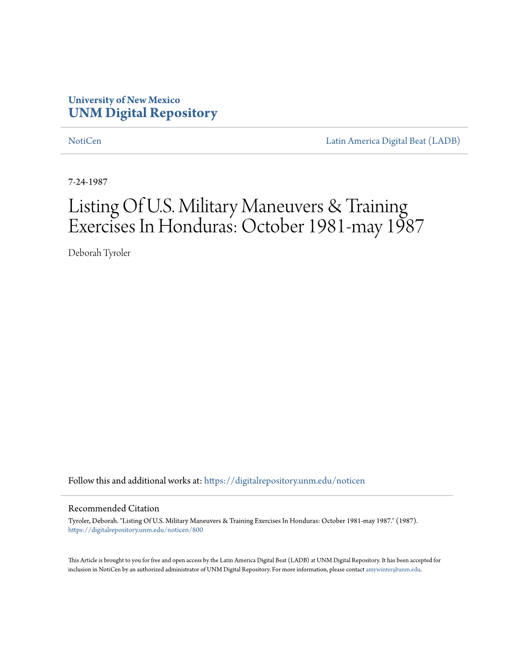 Listing of US Military Maneuvers & Training