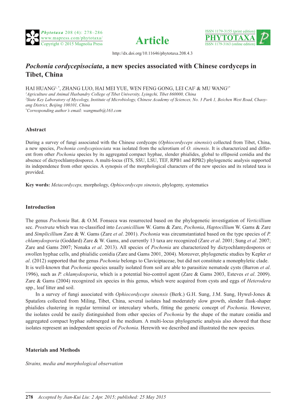 Pochonia Cordycepisociata, a New Species Associated with Chinese Cordyceps in Tibet, China