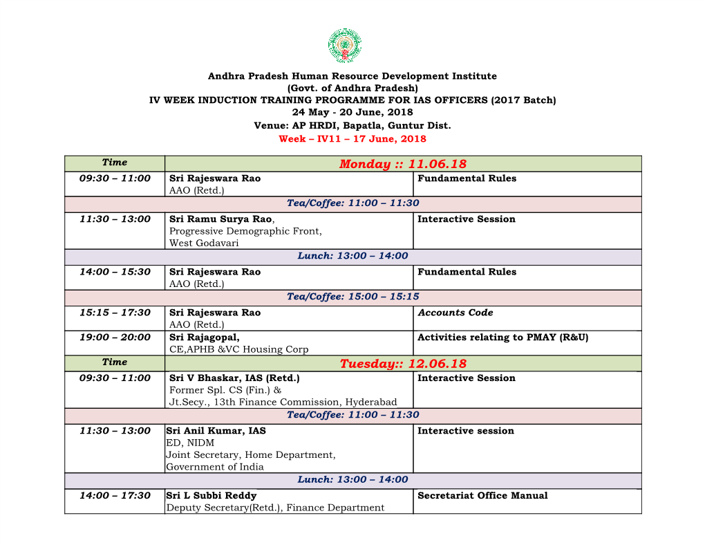 IV Week Schedule