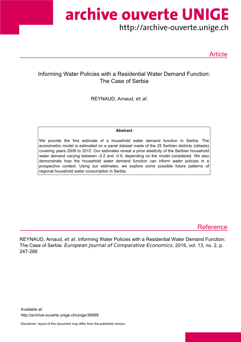 Informing Water Policies with a Residential Water Demand Function: the Case of Serbia
