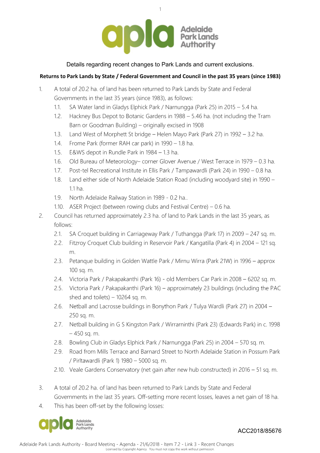 ACC2018/85676 Details Regarding Recent Changes to Park Lands And