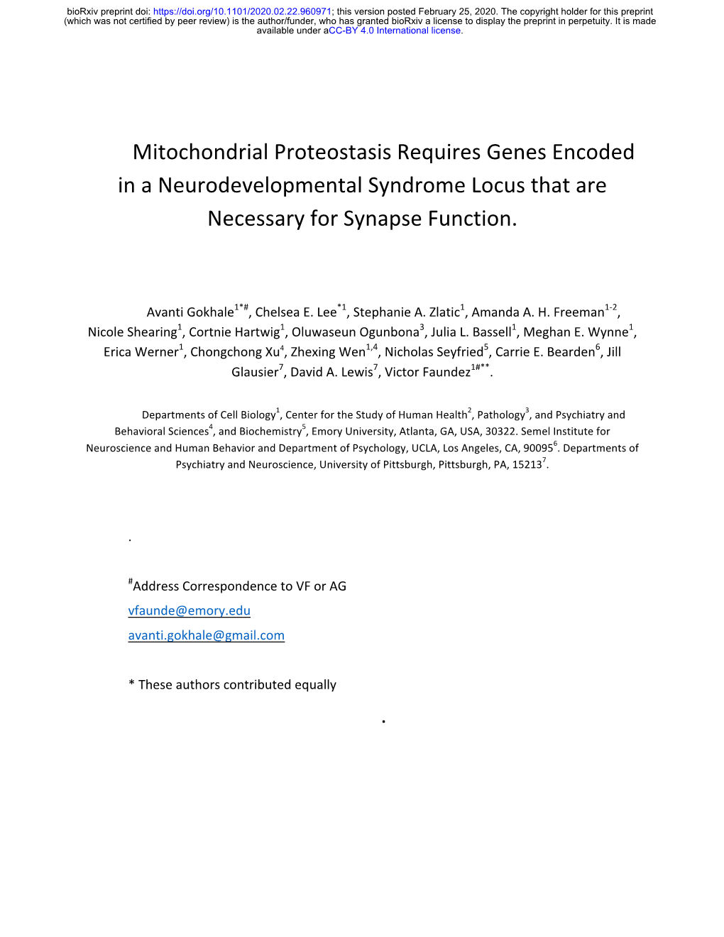 Mitochondrial Proteostasis Requires Genes Encoded in a Neurodevelopmental Syndrome Locus That Are Necessary for Synapse Function