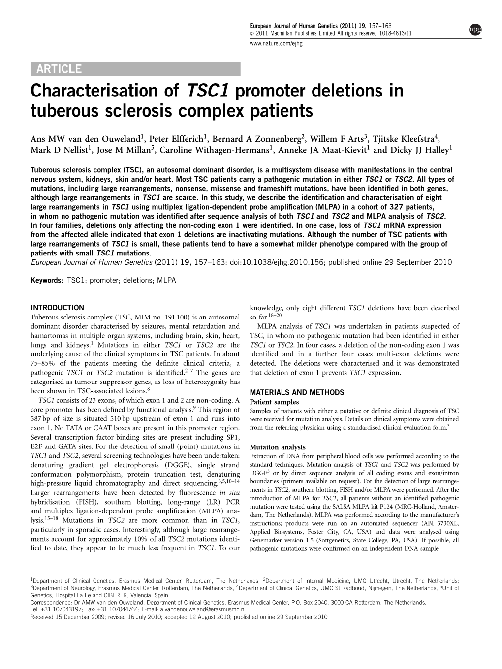 Characterisation of TSC1 Promoter Deletions in Tuberous Sclerosis Complex Patients