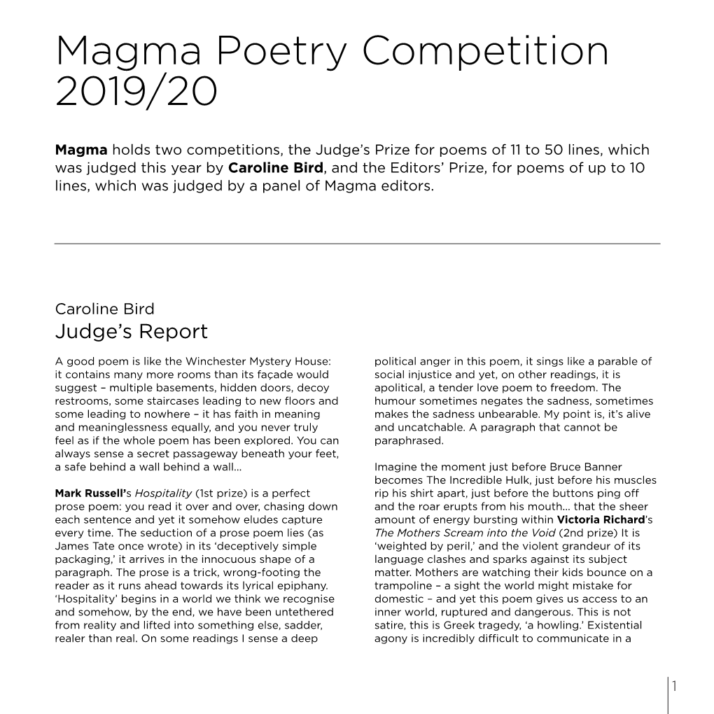 Magma Poetry Competition 2019/20 Winning and Commended Poems