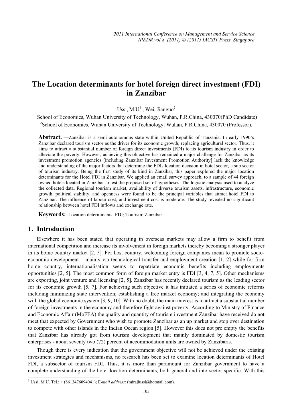 The Location Determinants for Hotel Foreign Direct Investment (FDI) in Zanzibar