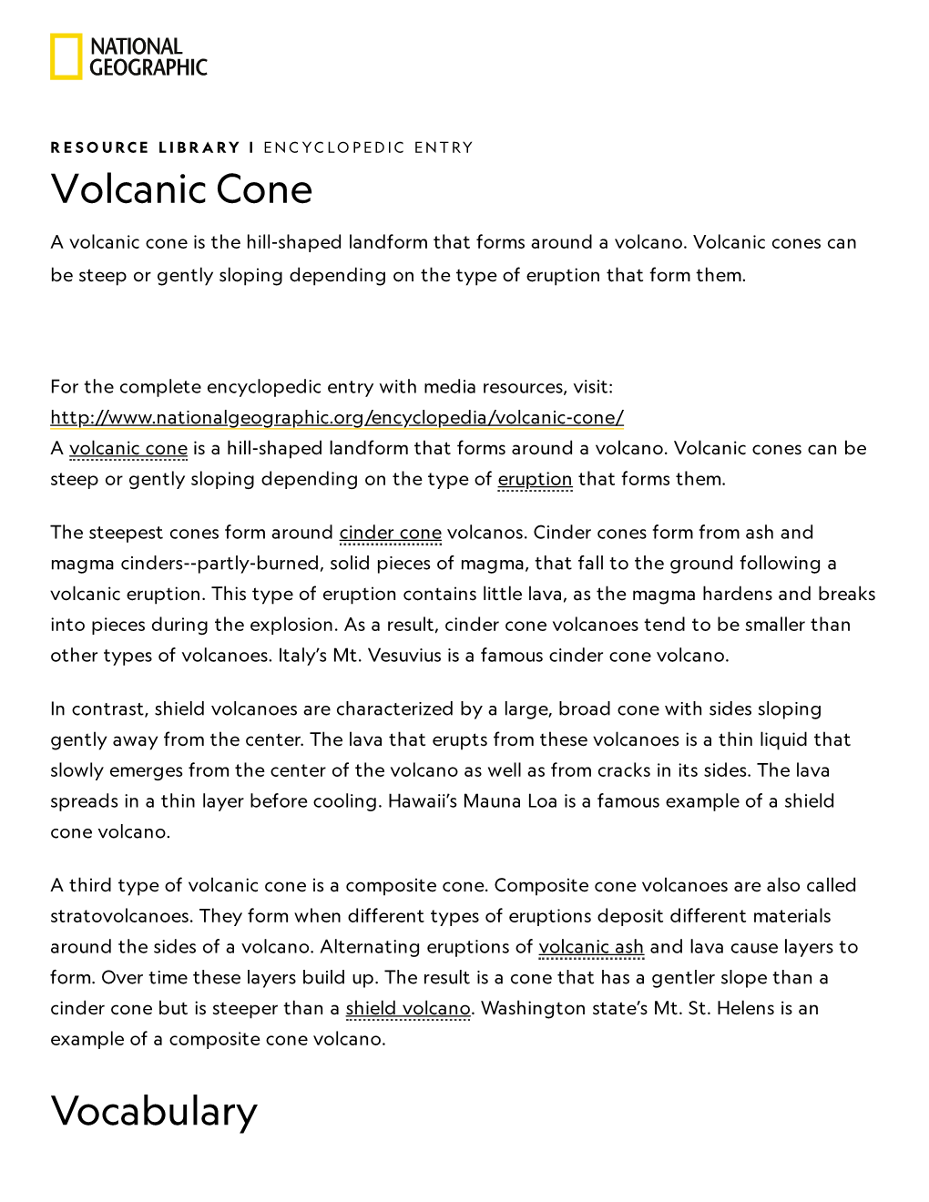 Volcanic Cone Vocabulary