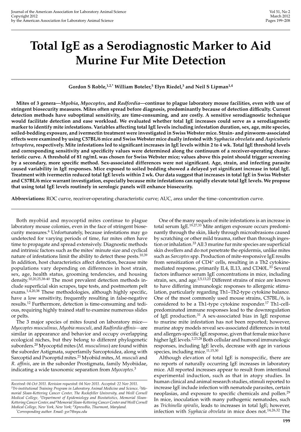 Total Ige As a Serodiagnostic Marker to Aid Murine Fur Mite Detection