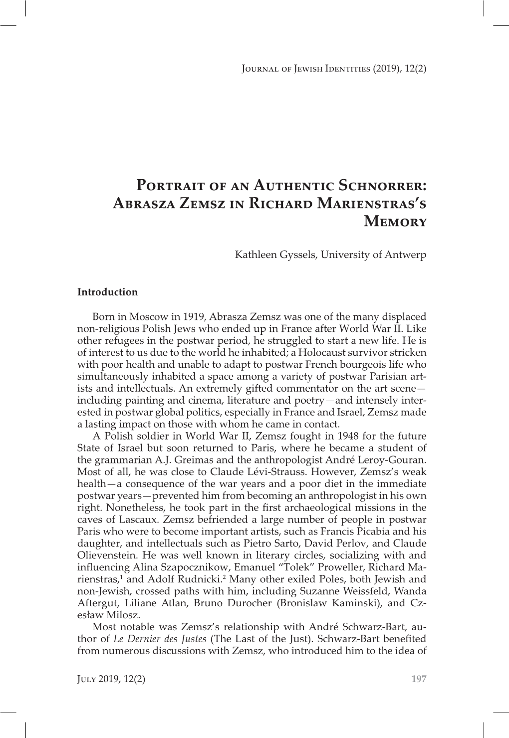 Portrait of an Authentic Schnorrer: Abrasza Zemsz in Richard Marienstras’S Memory