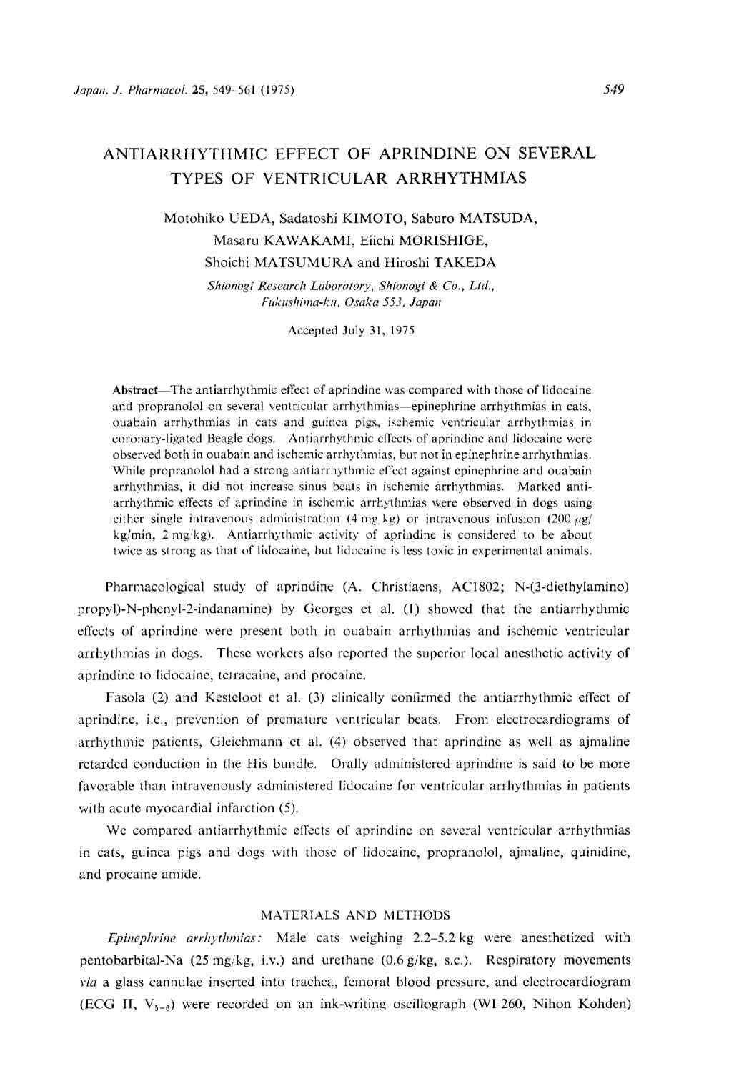 Pharmacological Study of Aprindine (A. Christiaens, AC1802; N-(3-Diethylamino) Propyl)-N-Phenyl-2-Indanamine) by Georges Et Al