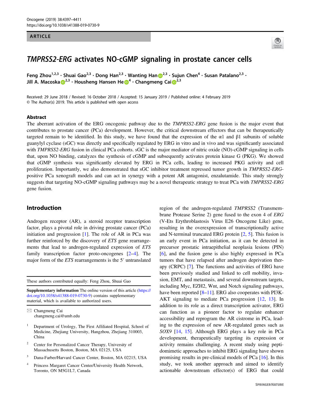 TMPRSS2-ERG Activates NO-Cgmp Signaling in Prostate Cancer Cells