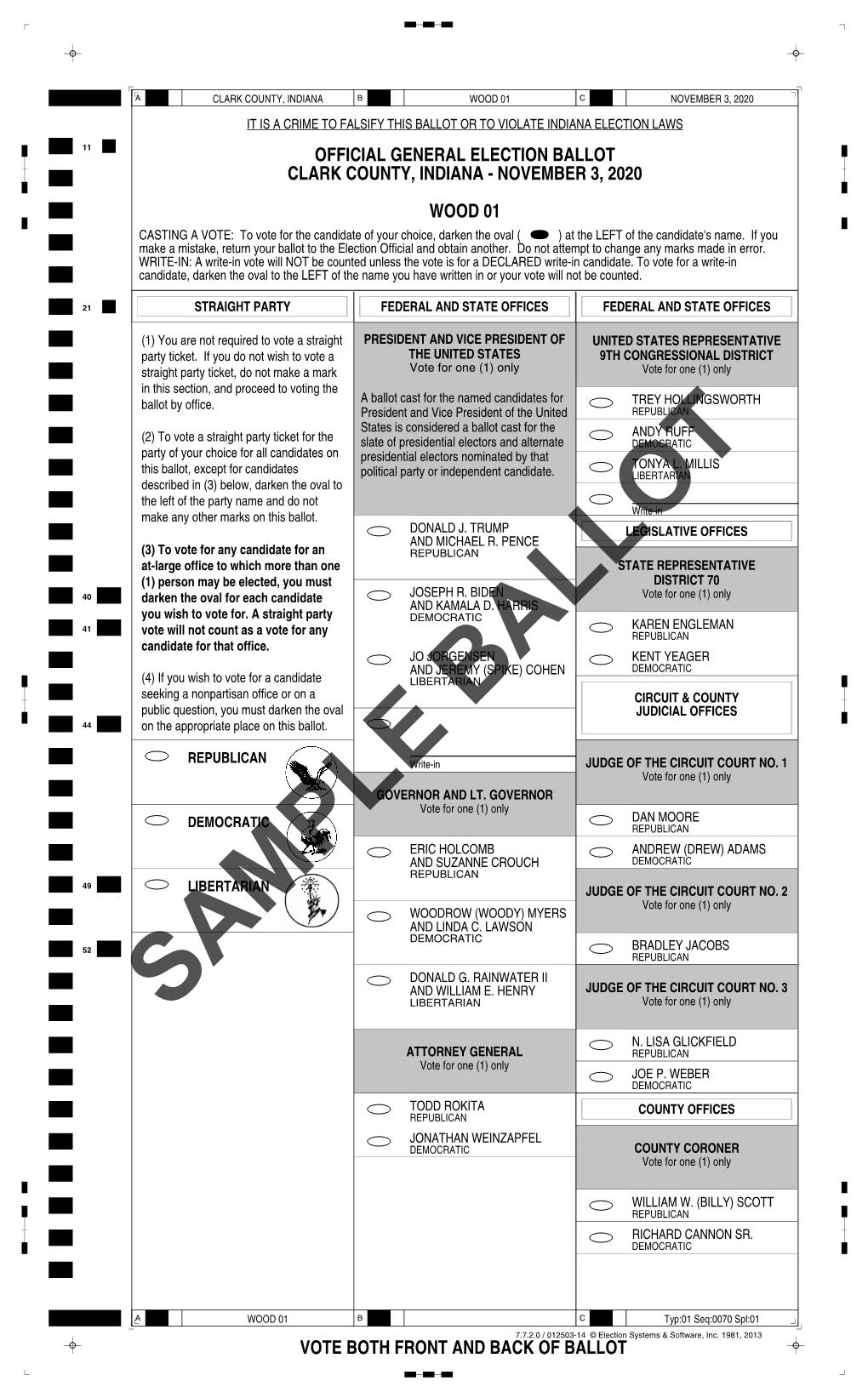 Official General Election Ballot Clark County, Indiana - November 3, 2020