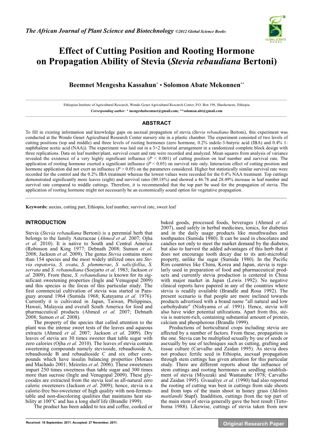 Effect of Cutting Position and Rooting Hormone on Propagation Ability of Stevia (Stevia Rebaudiana Bertoni)