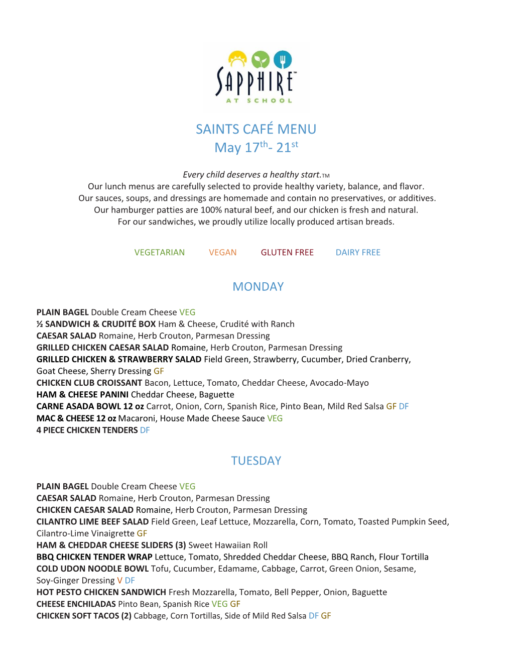 SAINTS CAFÉ MENU May 17Th- 21St