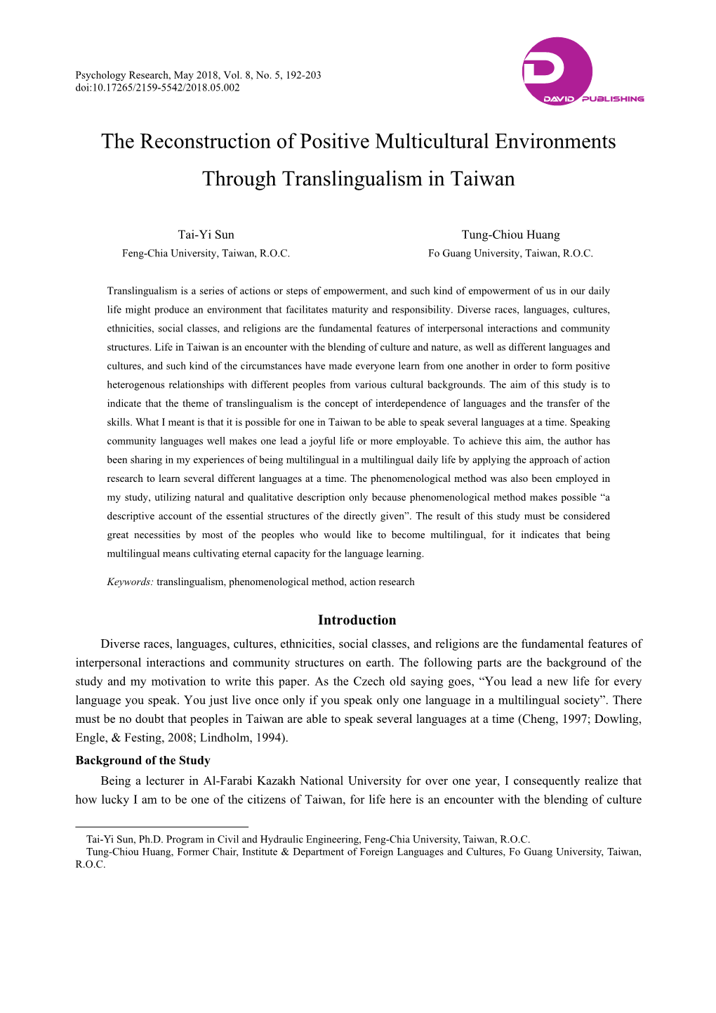 The Reconstruction of Positive Multicultural Environments Through Translingualism in Taiwan