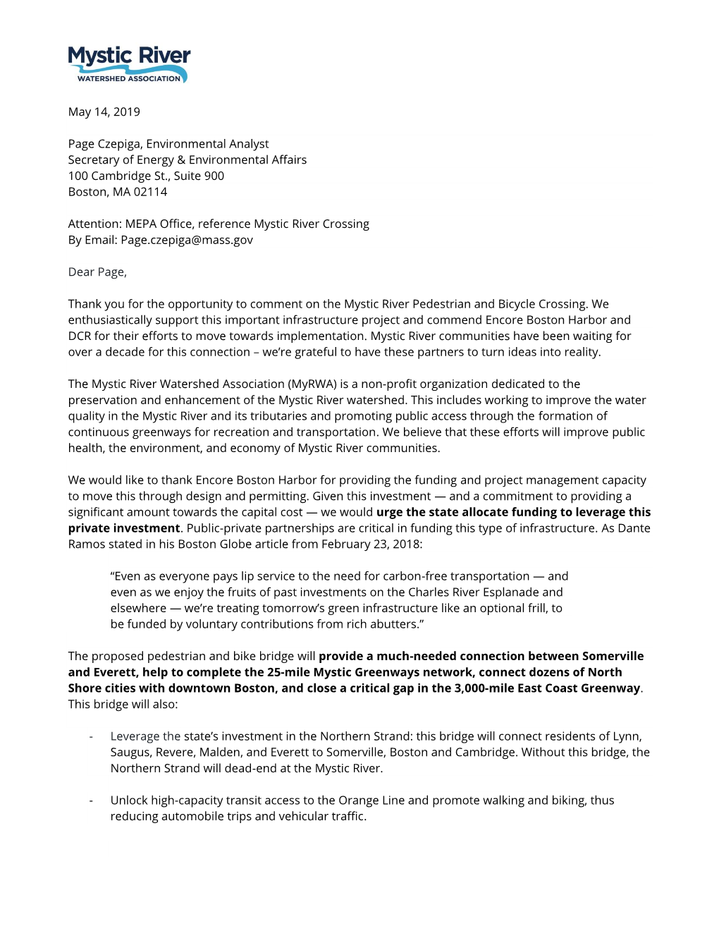 May 14, 2019 Page Czepiga, Environmental Analyst Secretary Of