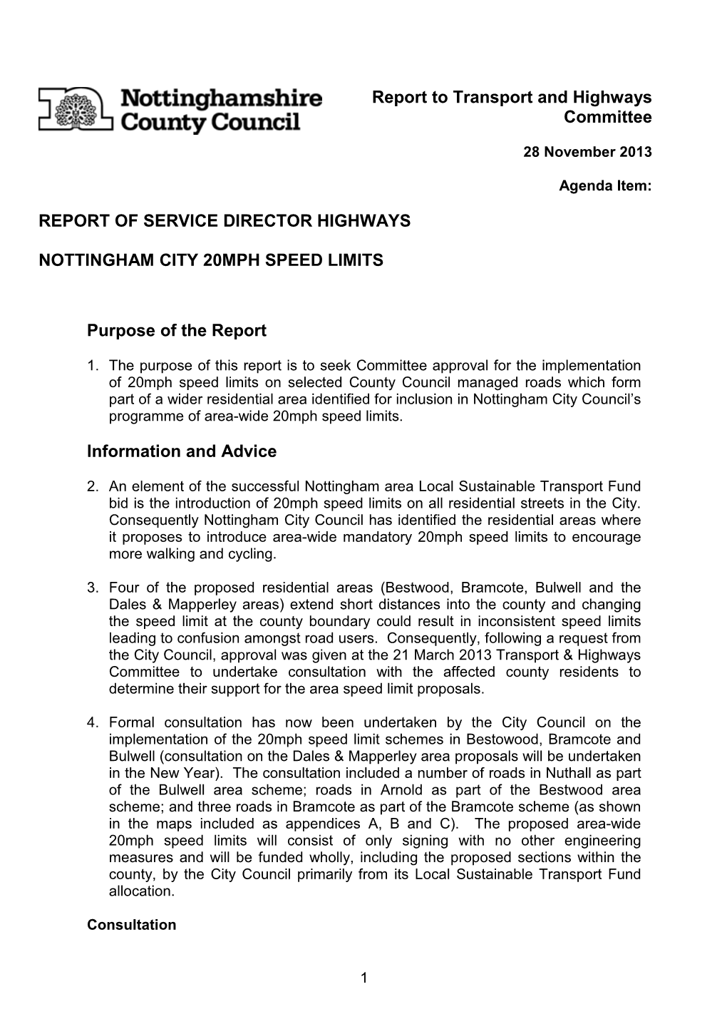 Report to Transport and Highways Committee REPORT of SERVICE