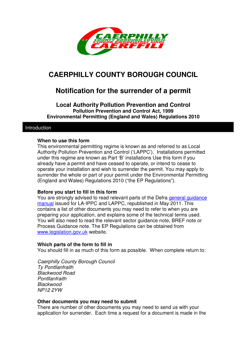 CAERPHILLY COUNTY BOROUGH COUNCIL Notification for The