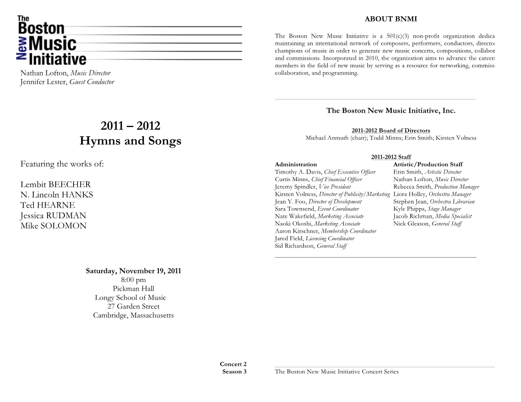 2011 – 2012 Hymns and Songs