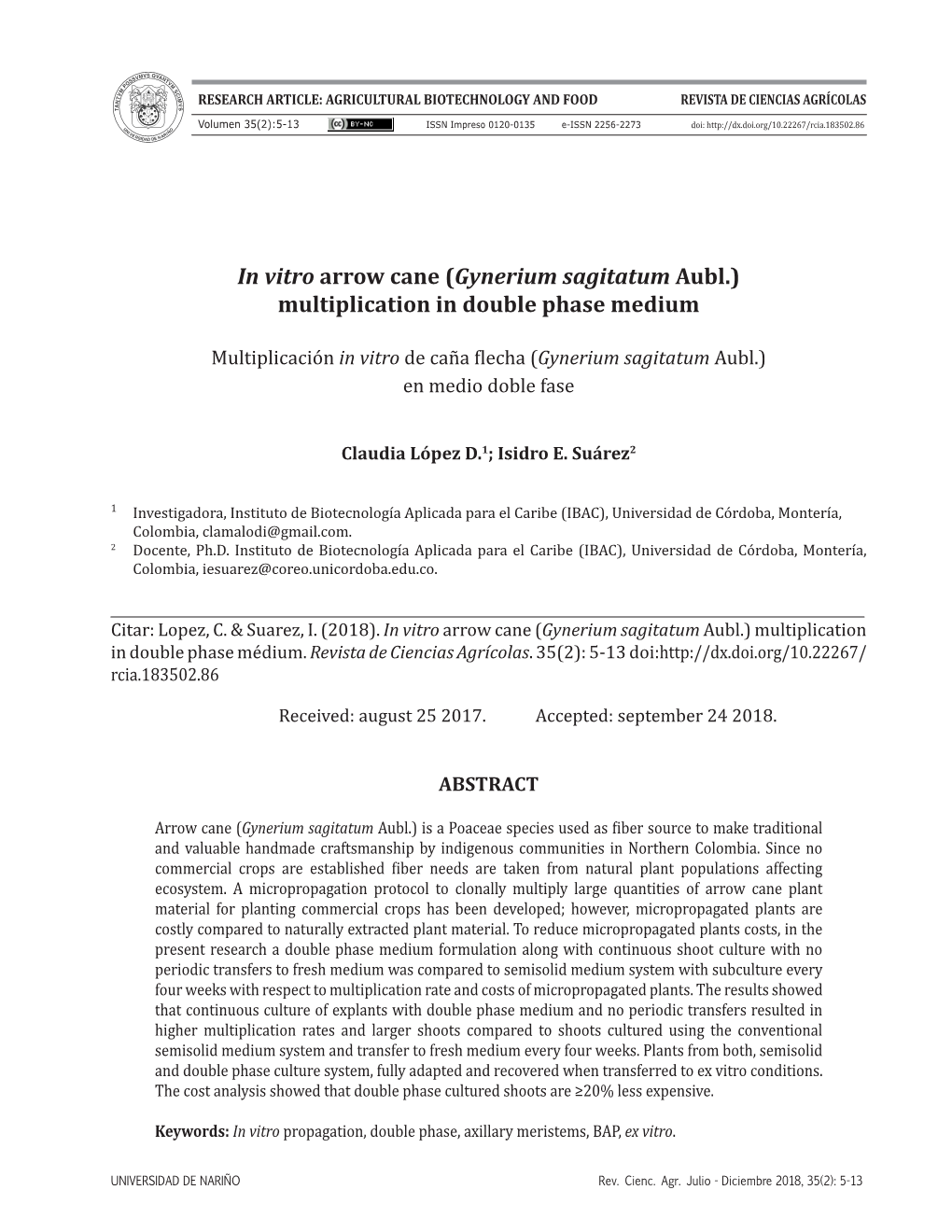 In Vitro Arrow Cane (Gynerium Sagitatum Aubl.) Multiplication in Double Phase Medium