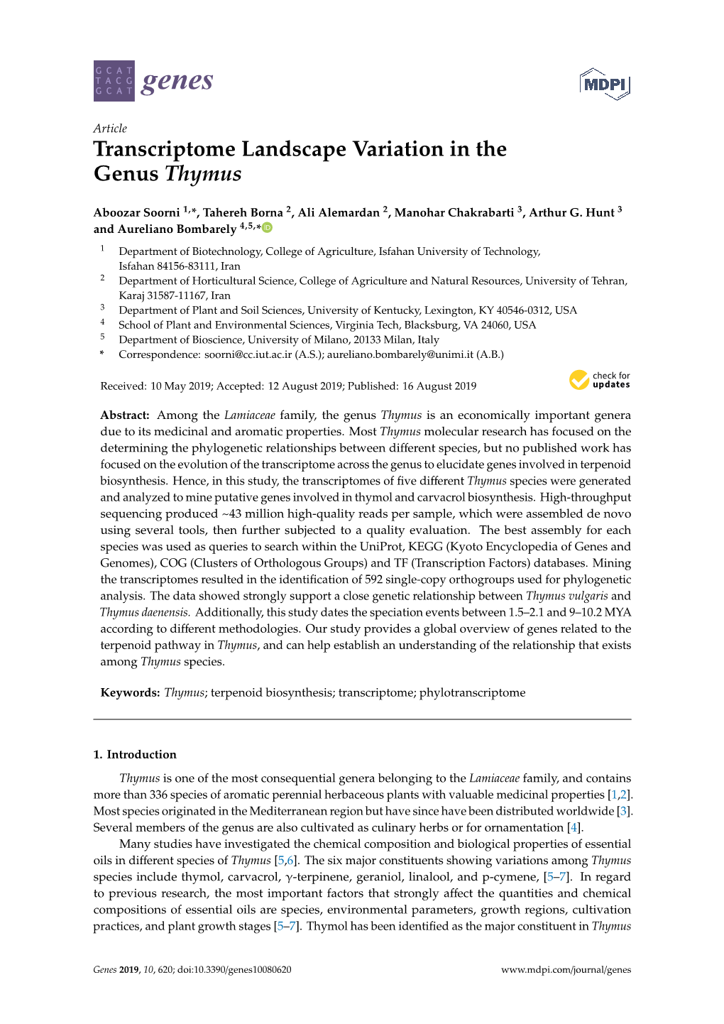 Transcriptome Landscape Variation in the Genus Thymus