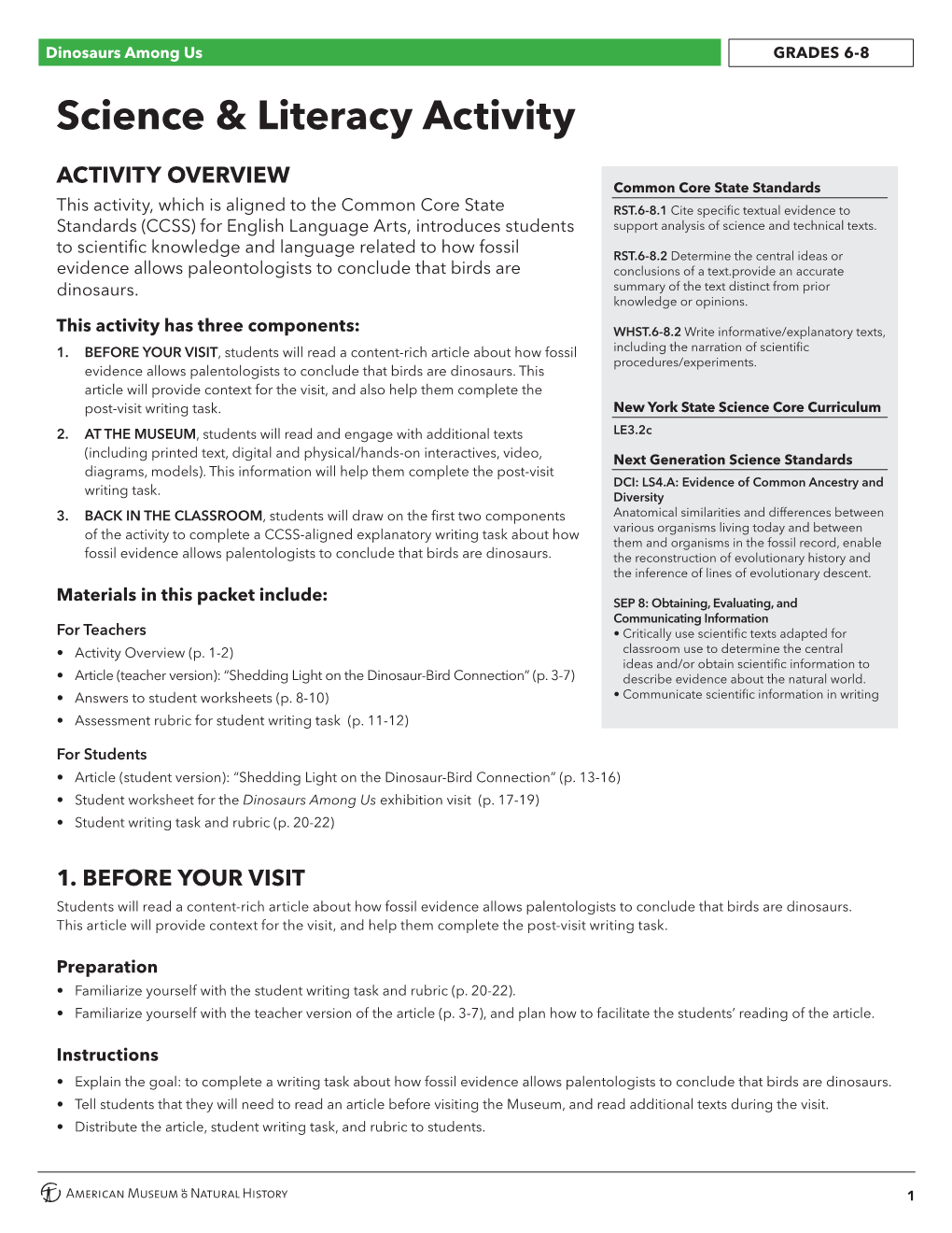 Dinosaurs Among Us Science & Literacy Activity