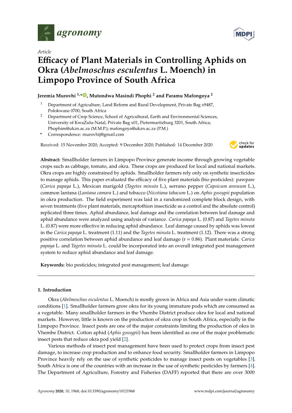 Efficacy of Plant Materials in Controlling Aphids on Okra (Abelmoschus Esculentus L. Moench) in Limpopo Province of South Africa