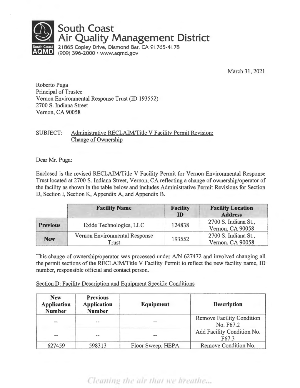 South Coast Air Quality Management District 21865 Copley Drive, Diamond Bar, CA 91765-4178 • (909) 396-2000 •