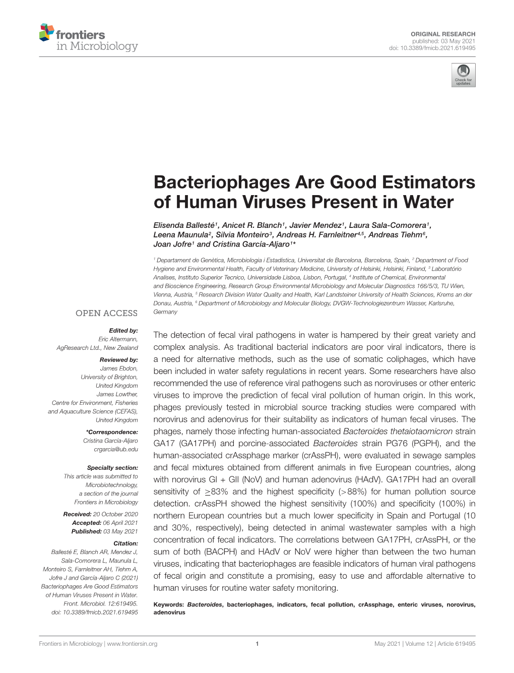 Bacteriophages Are Good Estimators of Human Viruses Present in Water