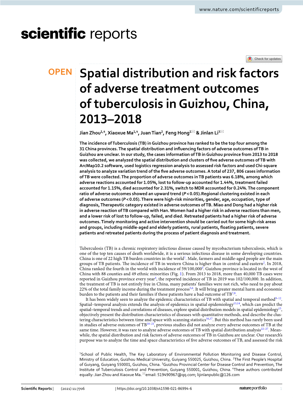 Spatial Distribution and Risk Factors of Adverse Treatment Outcomes of Tuberculosis in Guizhou, China, 2013–2018