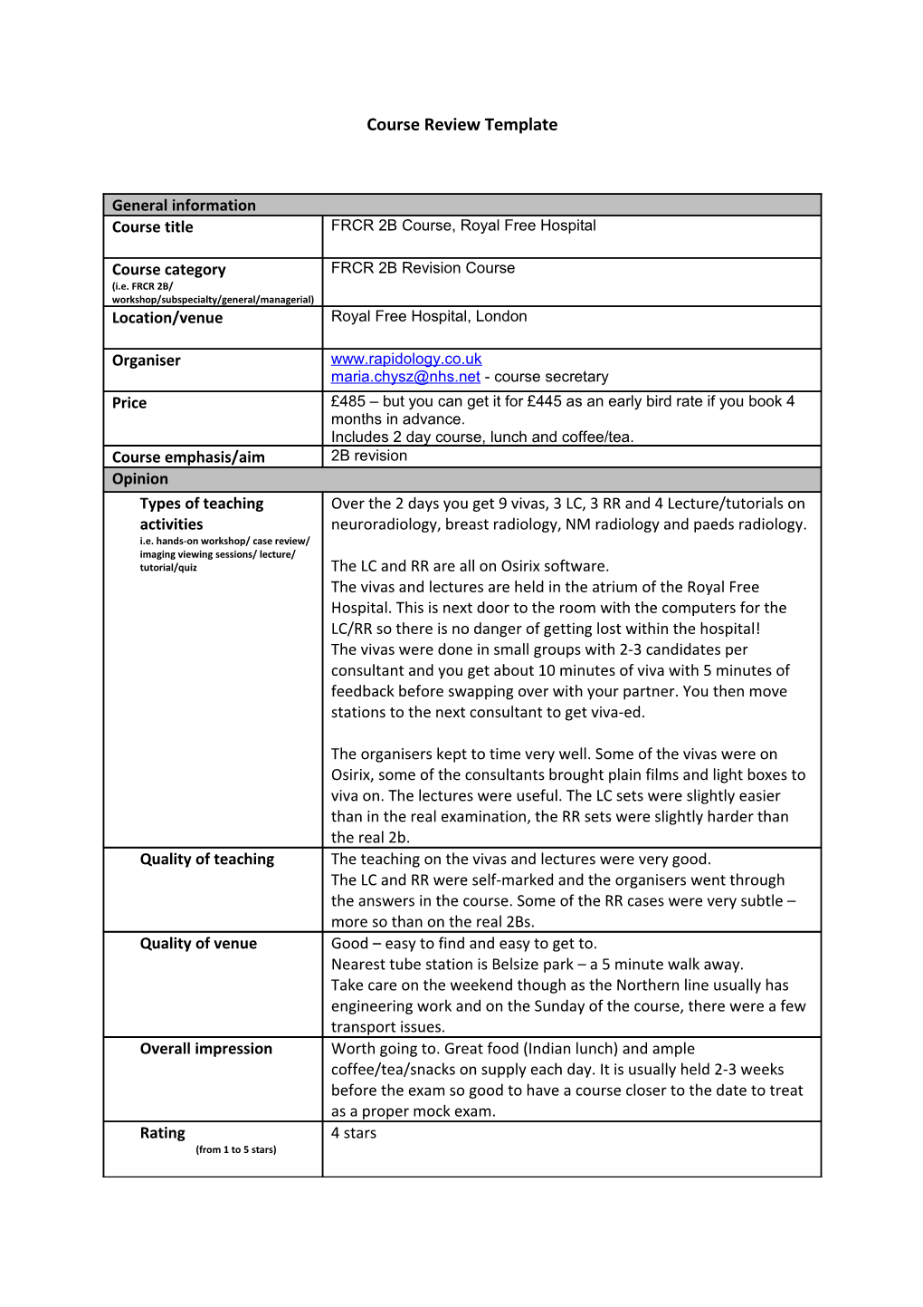 Course Review Template