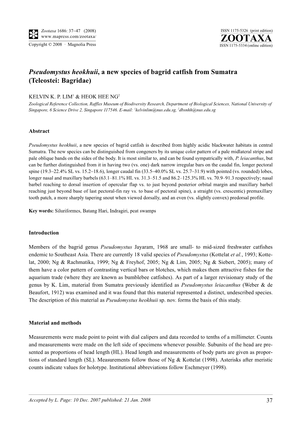 Zootaxa, Pseudomystus Heokhuii, a New Species of Bagrid Catfish From