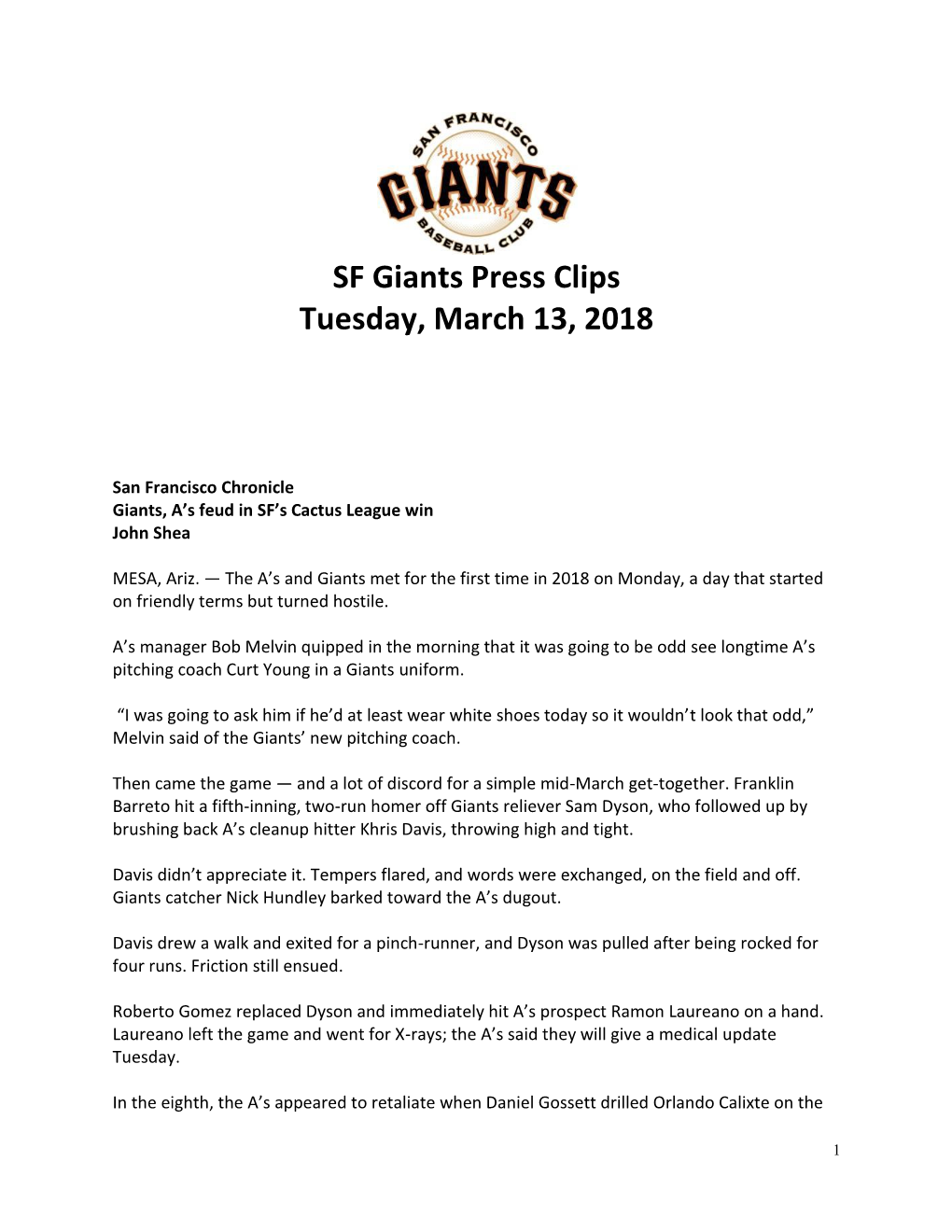 SF Giants Press Clips Tuesday, March 13, 2018