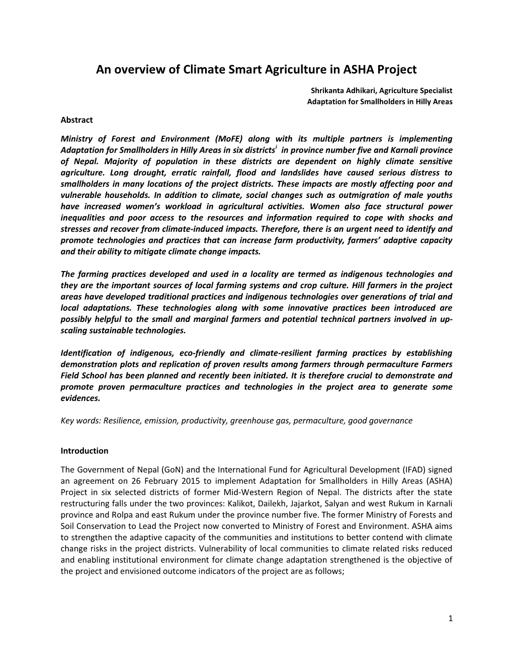 An Overview of Climate Smart Agriculture in ASHA Project