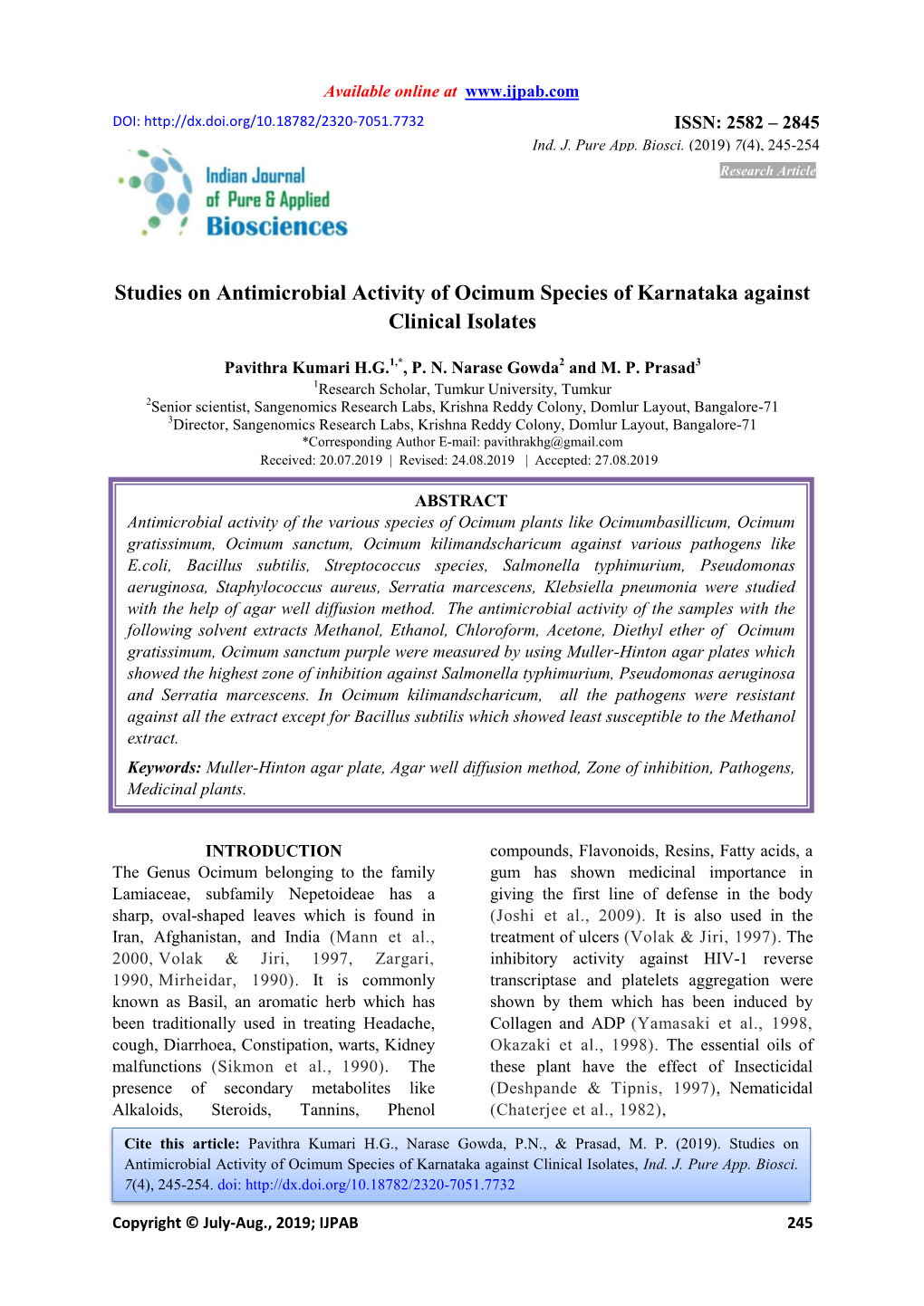 Studies on Antimicrobial Activity of Ocimum Species of Karnataka Against Clinical Isolates