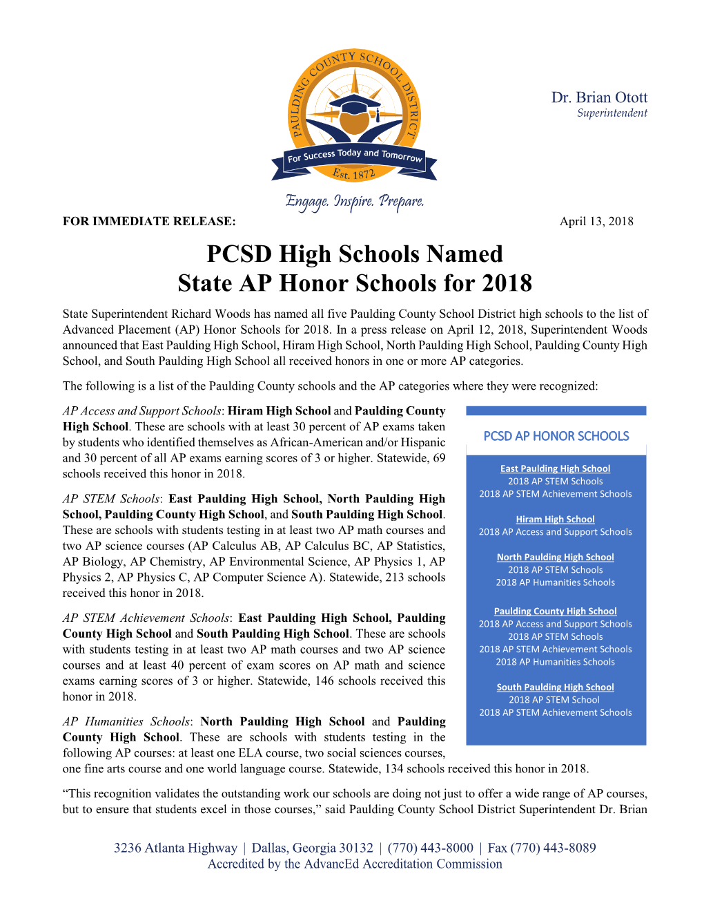 PCSD High Schools Named State AP Honor Schools for 2018