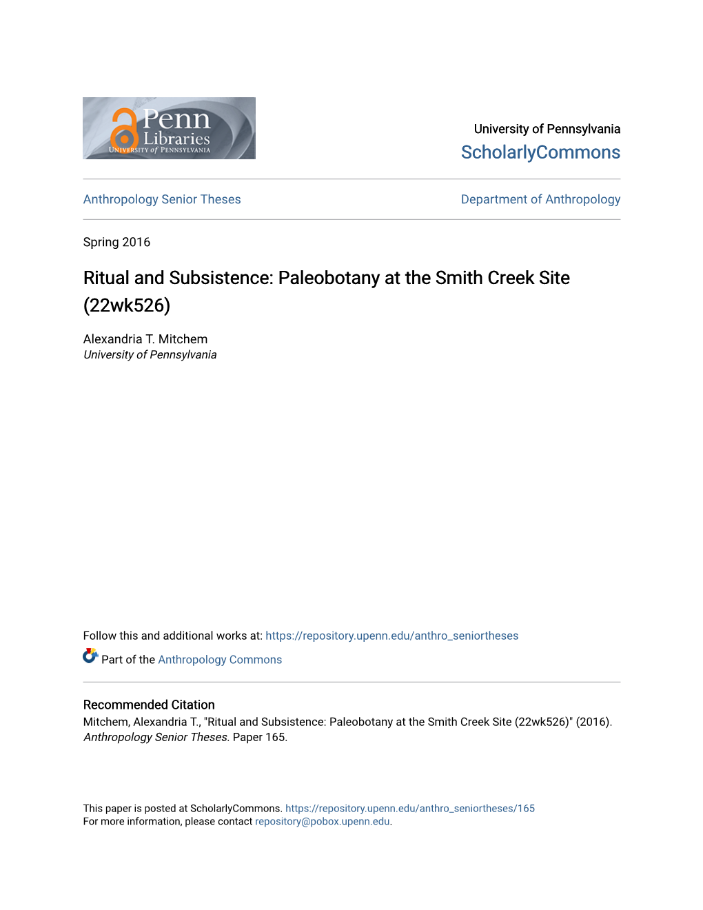 Ritual and Subsistence: Paleobotany at the Smith Creek Site (22Wk526)