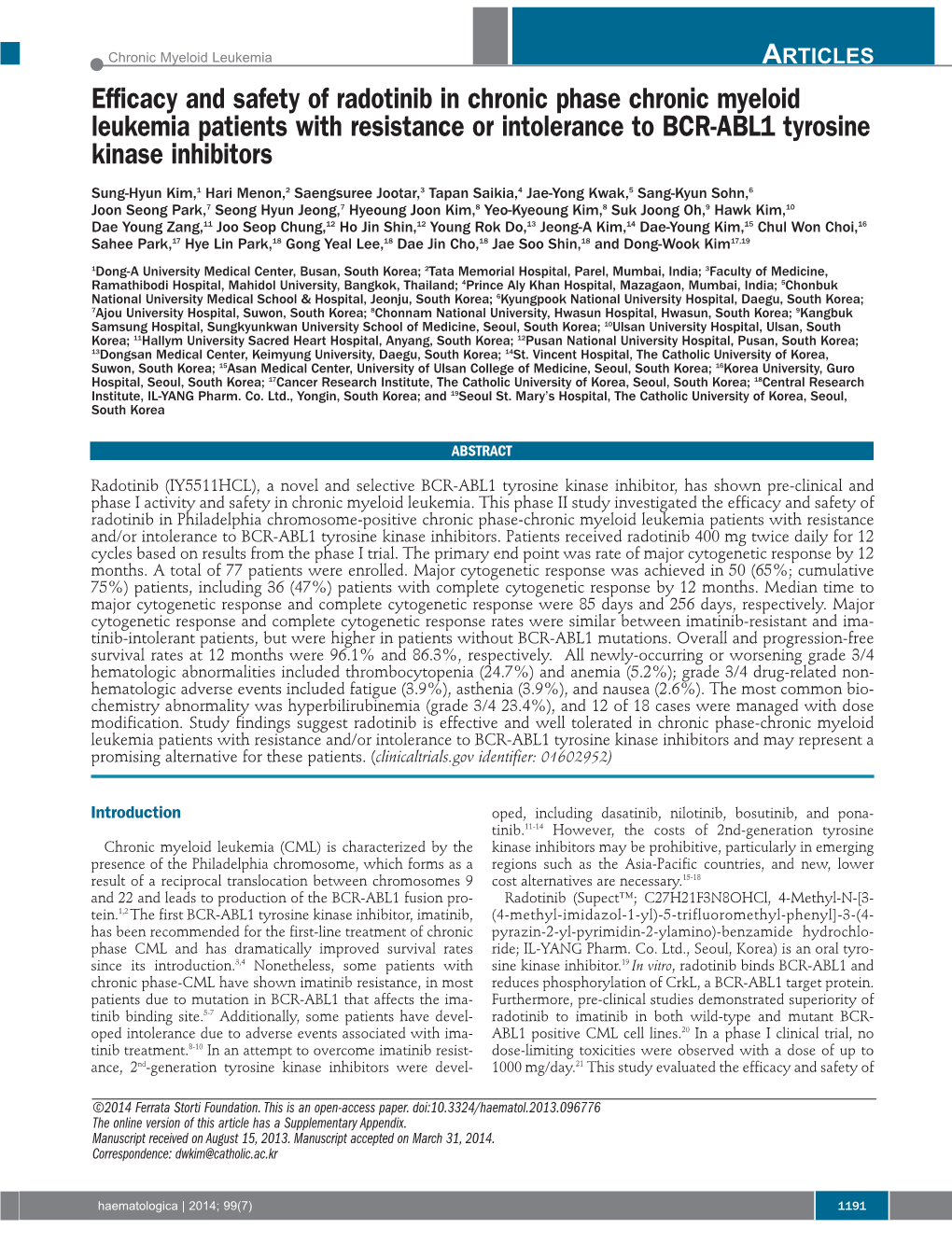 Efficacy and Safety of Radotinib in Chronic Phase Chronic Myeloid Leukemia Patients with Resistance Or Intolerance to BCR-ABL1 Tyrosine Kinase Inhibitors