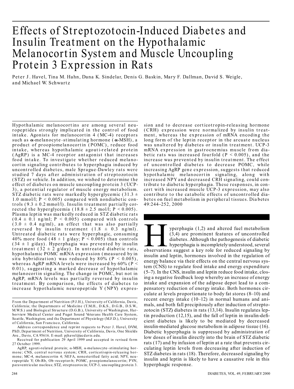 E Ffects of Streptozotocin-Induced Diabetes and Insulin Treatment On