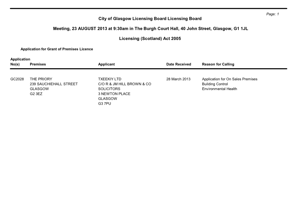 City of Glasgow Licensing Board Licensing Board