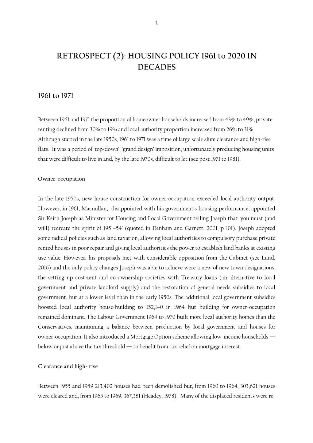 RETROSPECT (2): HOUSING POLICY 1961 to 2020 in DECADES