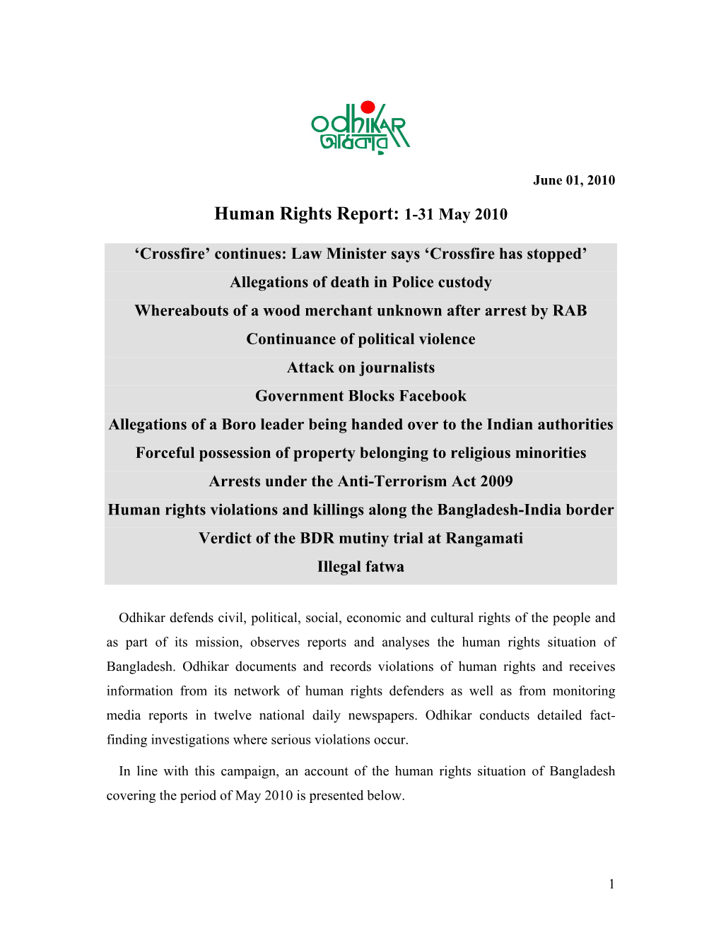 Human Rights Report: 1-31 May 2010