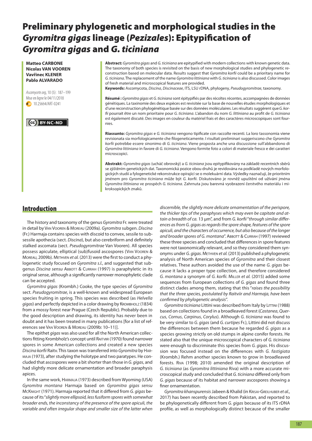 Epitypification of Gyromitra Gigas and G. Ticiniana