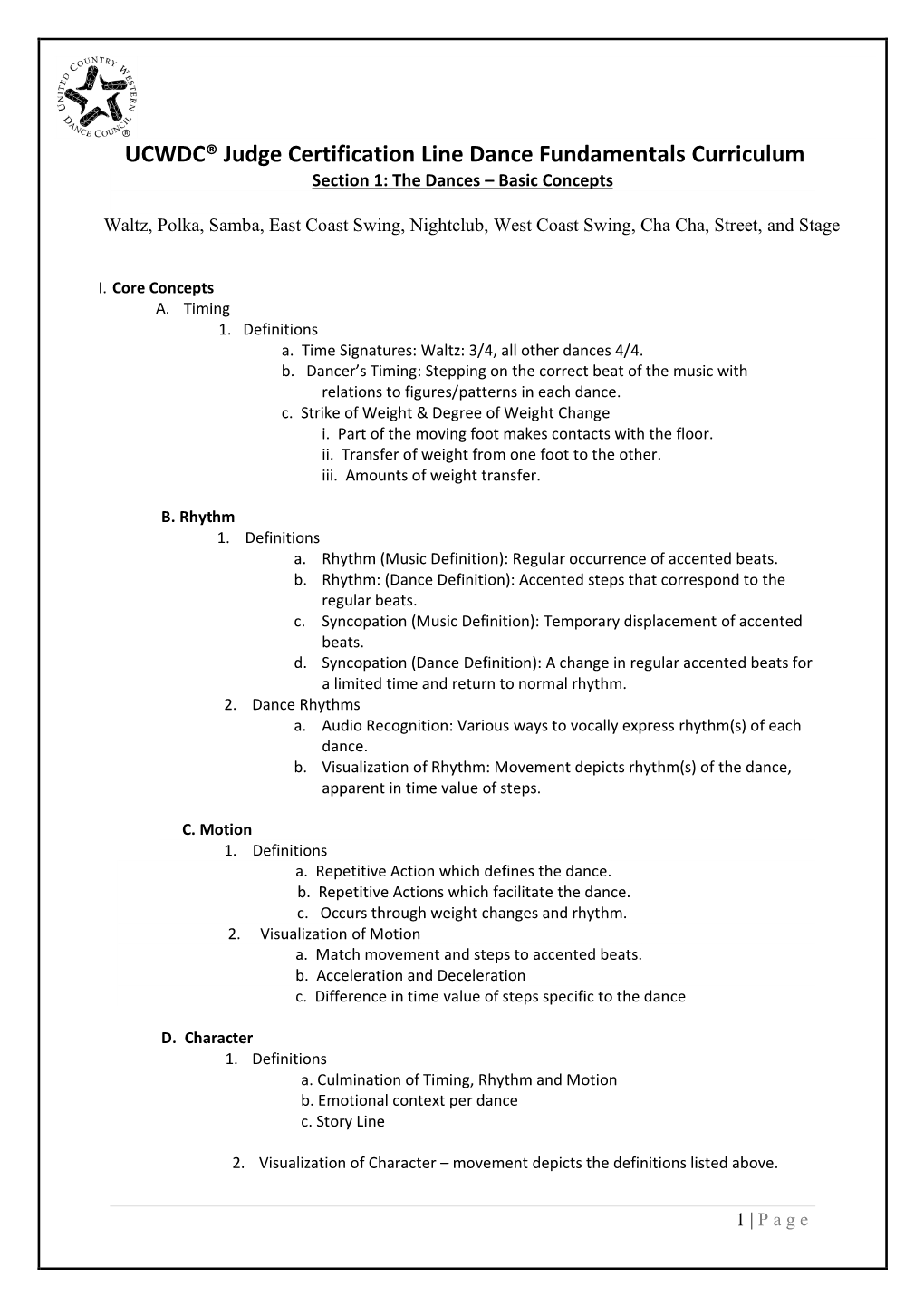 Line Dance Fundamentals Curriculum Section 1: the Dances – Basic Concepts