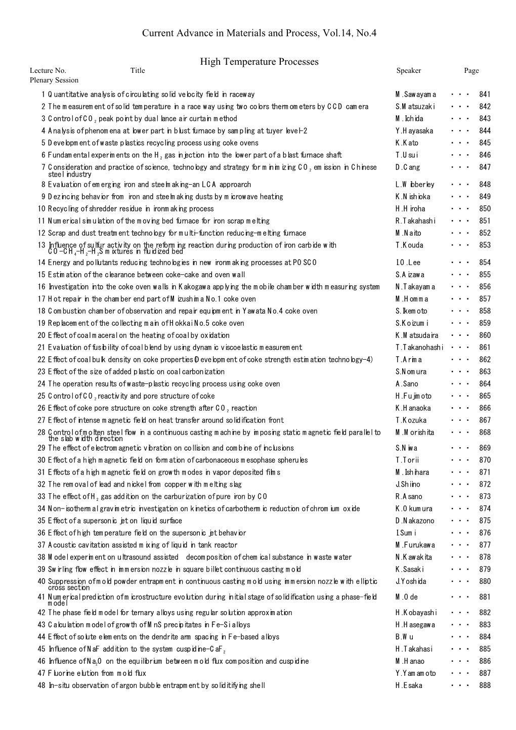 Current Advance in Materials and Process, Vol.14,No.4 High Temperature Processes