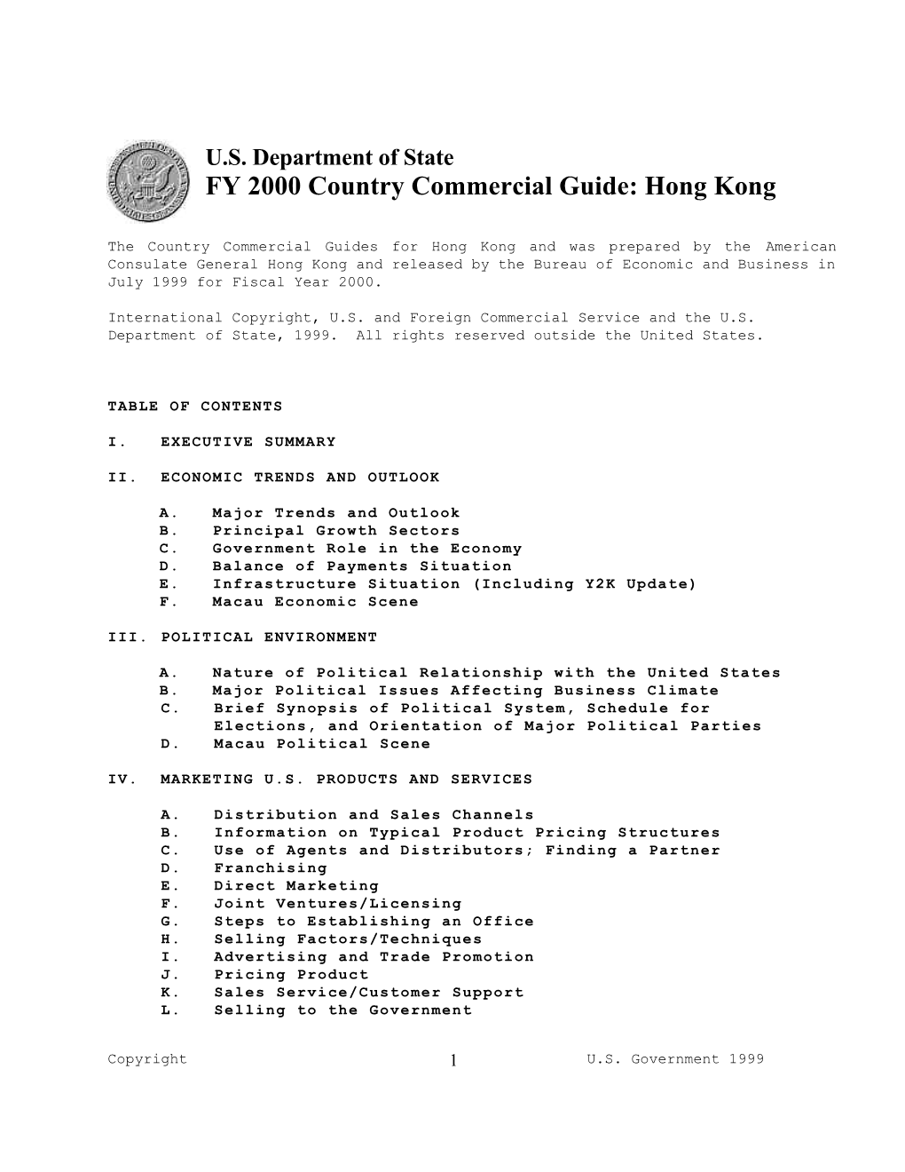FY 2000 Country Commercial Guide: Hong Kong