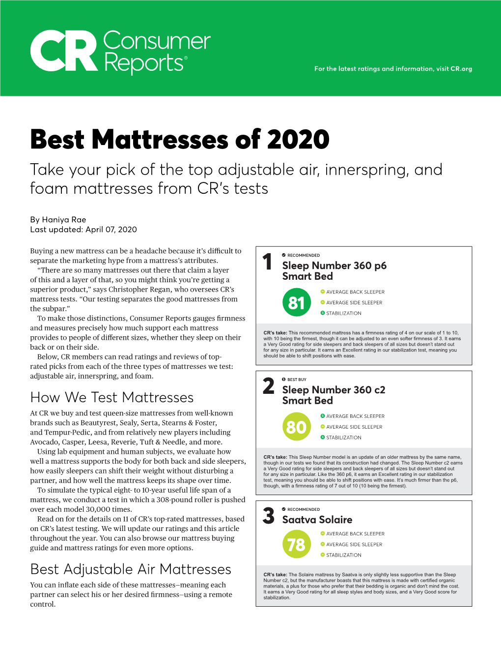 Best Mattresses of 2020 Take Your Pick of the Top Adjustable Air, Innerspring, and Foam Mattresses from CR's Tests