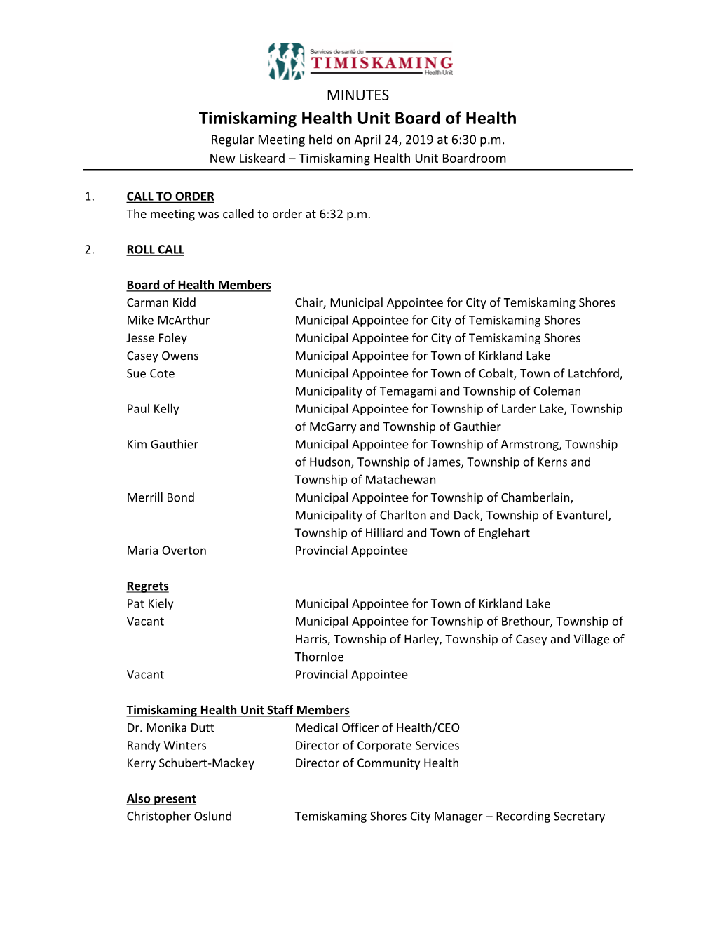 Timiskaming Health Unit Board of Health Regular Meeting Held on April 24, 2019 at 6:30 P.M