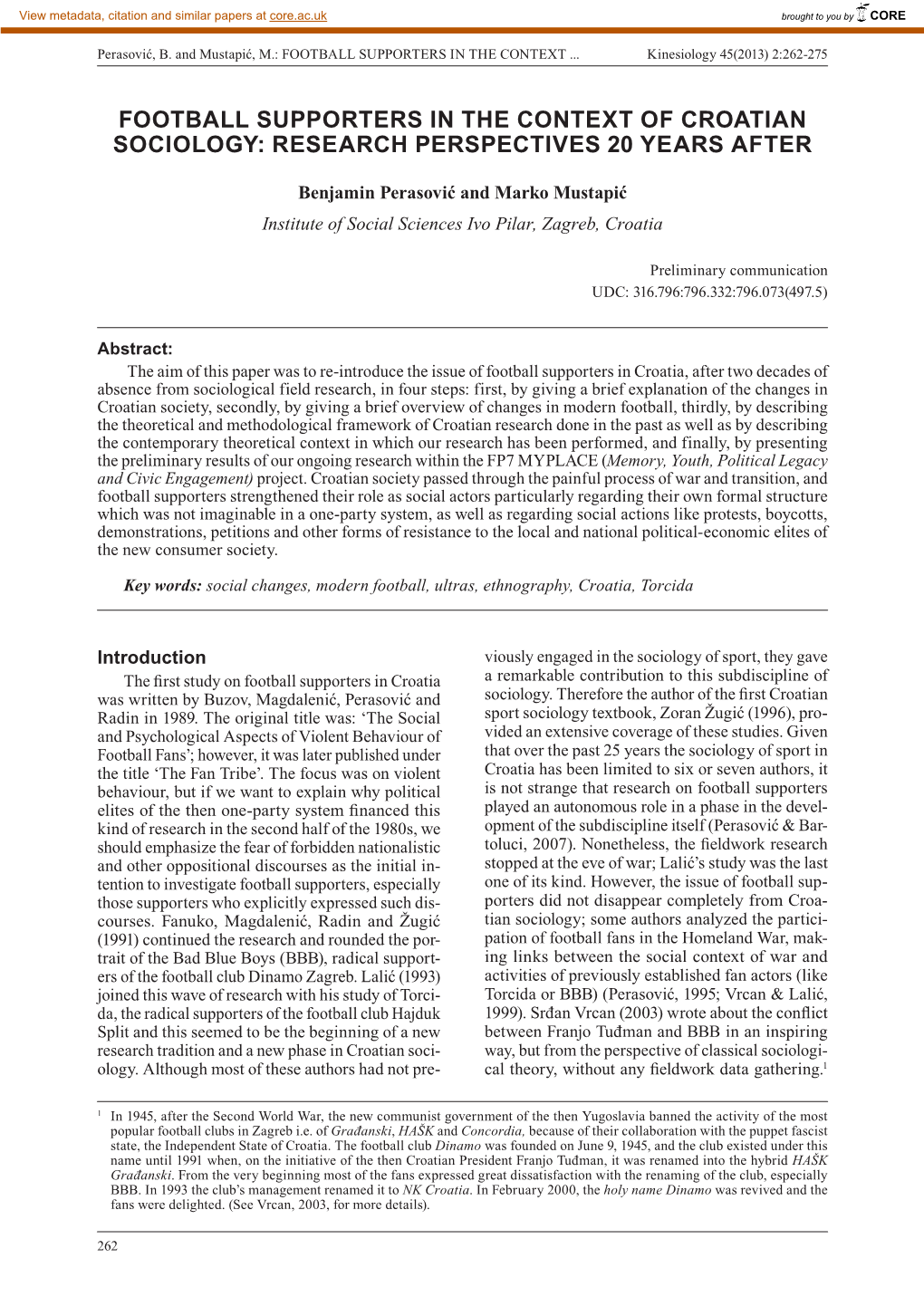 Football Supporters in the Context of Croatian Sociology: Research Perspectives 20 Years After