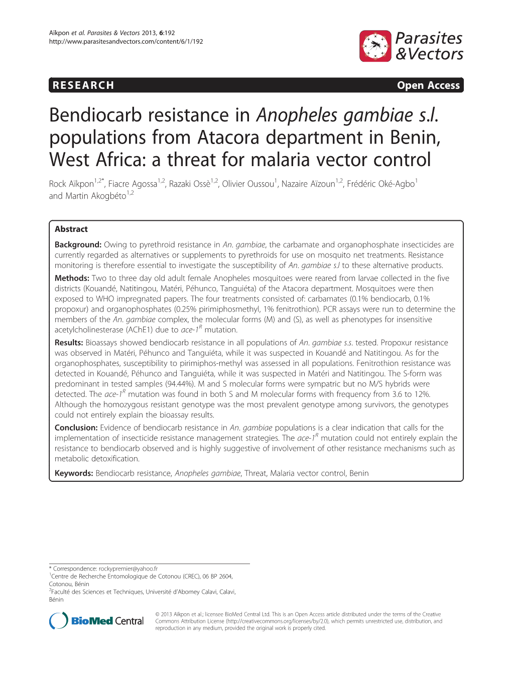 Bendiocarb Resistance in Anopheles Gambiae S.L. Populations From