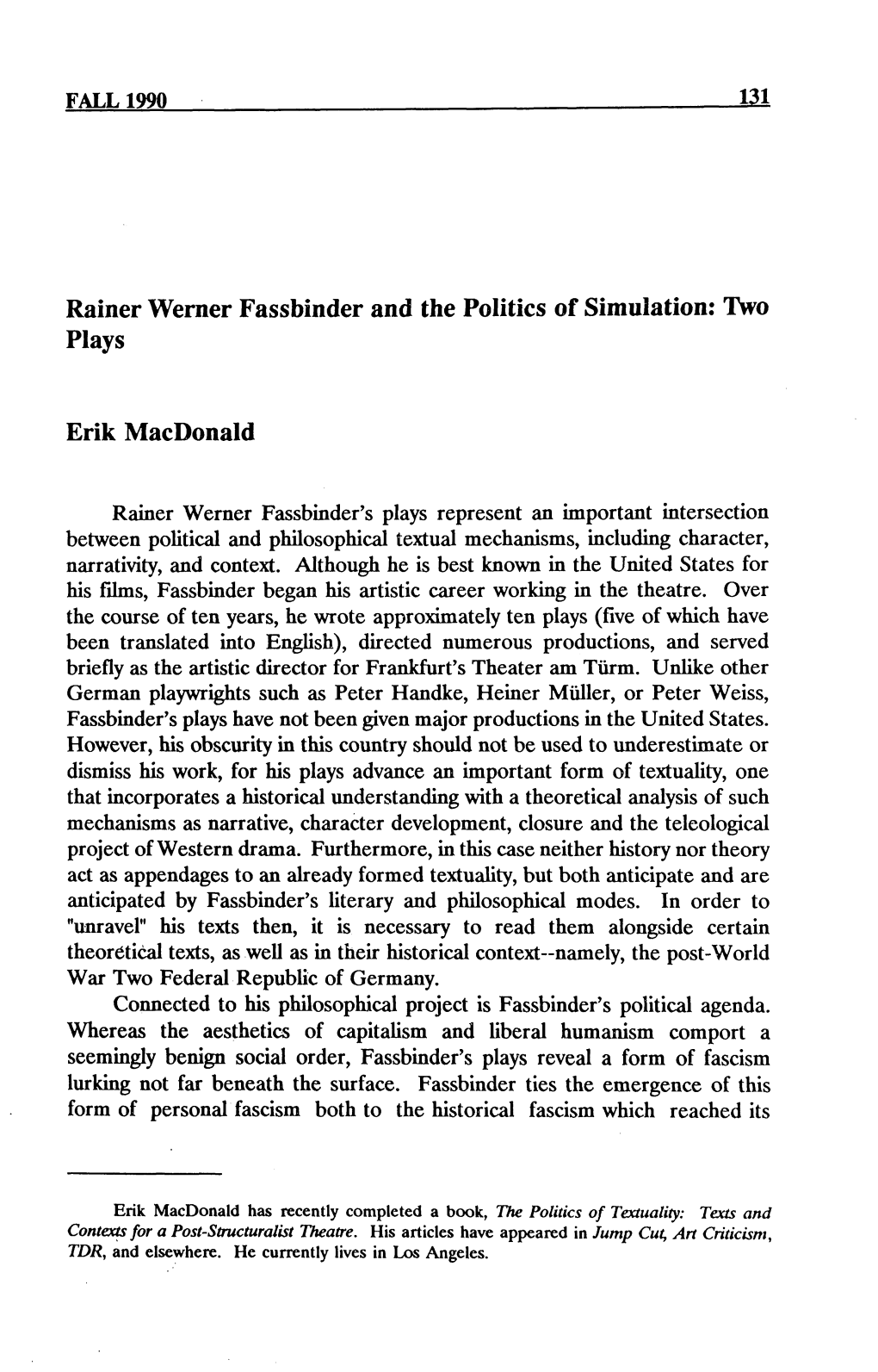 121 Rainer Werner Fassbinder and the Politics of Simulation